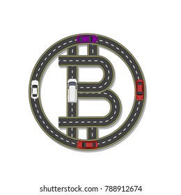 Logo design bitcoin. stylized road, highway with marking. Movement of cars and minivans. vector illustration