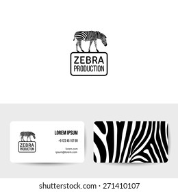 Logo design with black and white zebra silhouette. Business card template. Creative icon. Striped background. Typographic template for your text. Vector illustration.