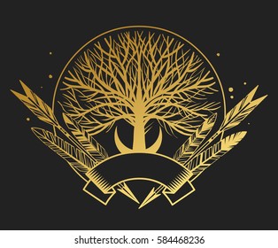 Logo design in boho style. Tree, arrows, feathers, ribbons on black background with place for your text. Hand drawn vector illustration