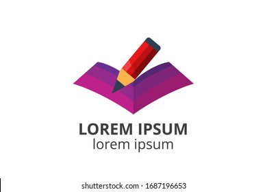 diseño del logotipo de la plantilla de libro y lápiz en la ilustración vectorial de forma creativa.  