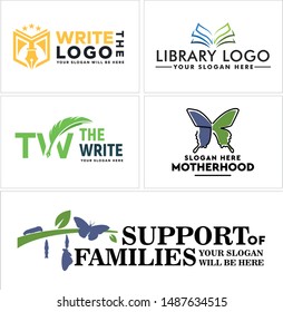 Logo design with book star pen feather and butterfly art creative suitable for education library writer families motherhood metamorphism