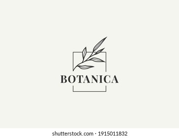 Logo Design of Botanical Floral with Rectangle Frame. Vintage Modern Vector Line Art Design Template