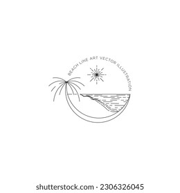 logo design bright sun on tropical beach. 
monoline design isolated on circle in white background.