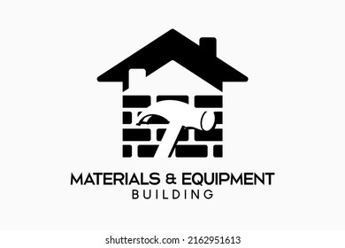 Diseño de logotipos para herramientas de construcción, tiendas de construcción o almacenes de materiales de construcción con un concepto de silueta de martillo combinado con un icono de casa de ladrillo