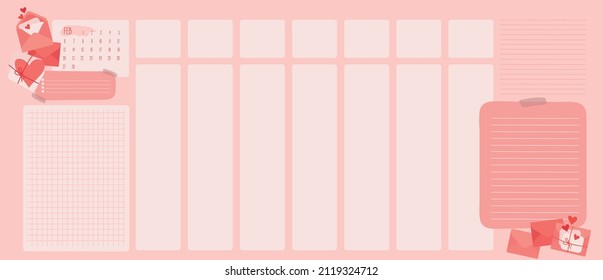 Logo for the design of the calendar planner for Valentine's Day. Hand-drawn icons of spring roses, champagne, macaroons, air kisses, pink hearts, love letters. Vector isolated colorful element.