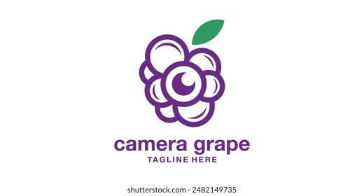 Logo Design Kamera und Trauben, Wein, Technologie, Objektiv. Logo Design Vorlage, Symbol, Ikone, Vektorgrafik, kreative Idee.
