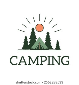 Logo Design of Camp Camping Adventure in Forest with Pine Trees in Sunny Day