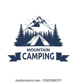 Logo Design of Camping Camp Tent in Blue Mountain View with Pine Trees in Forest