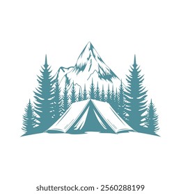 Logo Design of Camping Camp Tent in Green Mountain View with Pine Trees in Forest