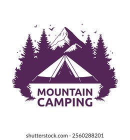 Logo Design of Camping Camp Tent in Purple Mountain View with Pine Trees in Forest