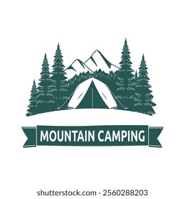 Logo Design of Camping Camp Tent in Green Mountain View with Pine Trees in Forest