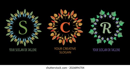 Logo design with capital letter and circle of leaves. Nature template with capital letters, details of leaves and circle frame. Vector illustration with botanical elements.