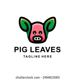 Logo Design Cartoon Character Vector Combination Leaves And Pig