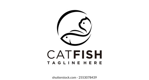 logo design cat and fish, animal,, symbol, icon, idea, creative.