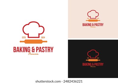 A logo design chef hat with a rolling pin. Symbolizing baking and pastry arts. Vector illustration template idea