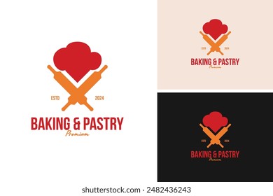 A logo design chef hat with a rolling pin. Symbolizing baking and pastry arts. Vector illustration template idea