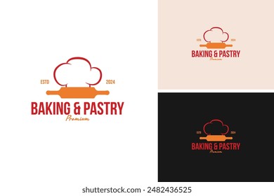 A logo design chef hat with a rolling pin. Symbolizing baking and pastry arts. Vector illustration template idea