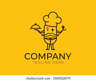 Logo Design of Chef. Vector Illustration of Chef brings food serving tray. Vintage Modern Vector Line Art Design Template