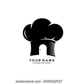 logo design of chef's hat and house. creative combination of vector illustration of chef's hat with house door. negative space concept