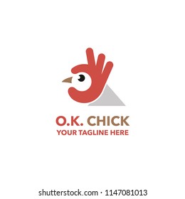 Logo design with chick, hand with symbol O.K. Vector illustration on the white background.