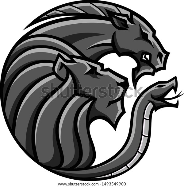 Logo Design of Chimera Beast with three heads Lion,\
Goat and Snake