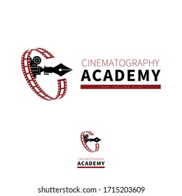 logo design for cinematography school with the concept of filmstrip icons and classic camera