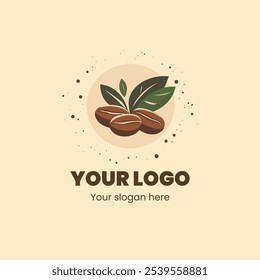 Diseño de logotipo con granos de café y hojas en estilo circular