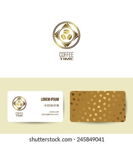 Logo design: coffee beans in a mug, saucer and napkins. Business card template with seamless pattern (coffee beans).  Brown and golden color theme. Vector illustration.