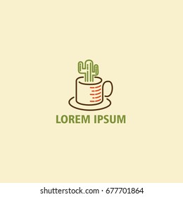 Logo design with a coffee cup and a cactus image is used as a cafe bar, coffee shop and coffee drink logo, with a vintage style creating a character logo.