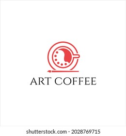 logo design coffee cup with palette brush, abstract, line vector.