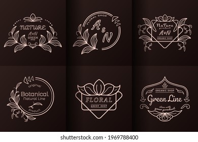 Logo design collection. Linear floral design elements. Nature product label, icon, logos, logotypes, monogram. Round, rectangle, oval and curve frames with leaves and branches. Vector illustration.