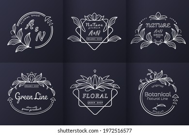 Logo design collection. Linear floral design elements. Nature product label, icon, logos, logotypes, monogram. Round, rectangle, oval and curve frames with leaves and branches. Vector illustration.