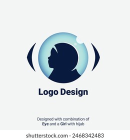 Logo design combination of blue Eye, human eye, school girl, muslim women, shine, hijab, vision, child, female magic symbol vector icon