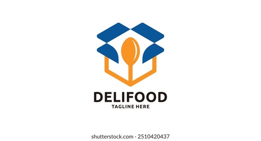 logo design combination of box and spoon fork, delivery, food, package, order, logo design template, creative, idea.