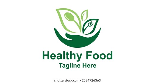logo design combination of hand, leaf and spoon, logo for healthy food, nature, symbol, icon, idea, creative.