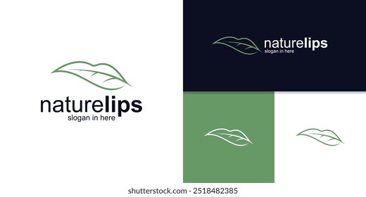 Combinación de diseño de logo de labios y hojas, beauty, luxury, natural, orgánico, construcción, diseño de logo, Plantilla, icono, Vector, inspiración, simbolo.