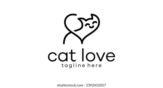 logo design combination of love shape with cat, minimalist line logo.