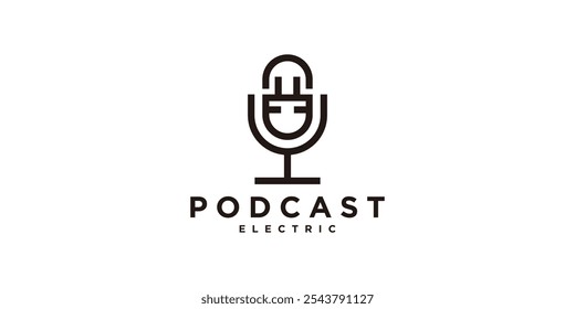design de logotipo combinação de microfone e plugue, eletricidade, carregador, falar, podcast, vetor de design de logotipo, símbolo, ícone, ideia, criativo.