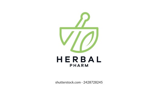 Logo Design Kombination aus Mörtelform mit Blättern, Apotheken Logo Design, Vorlage, Idee.