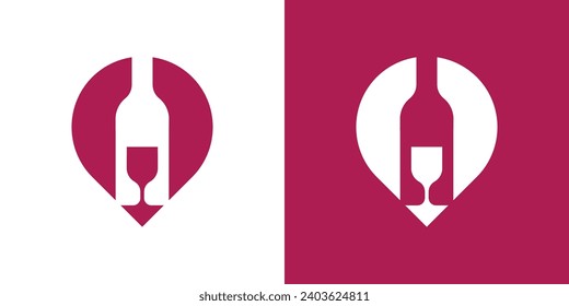 logo design combination of pin map shape with wine bottle, negative space logo, icon, vector, symbol.