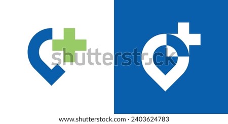 logo design combination of pin map shape with plus sign, medical logo, icon, vector, symbol.