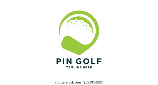 design de logotipo combinação de pinos e equipamento de golfe, varas, bolas, símbolos, ícones, vetores, ideias, criativo.