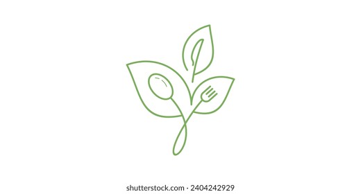 logo design combination of plants with cutlery, healthy food logo, minimalist line.