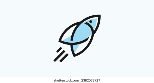The logo design is a combination of a rocket shape and a fish made in a minimalist line style.