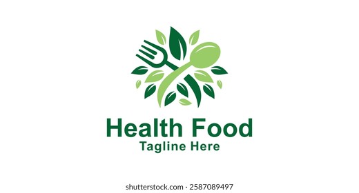logo design combination of spoon fork and leaf, logo for healthy food, nature, herbal, organic, eco, symbol, icon, idea, creative.