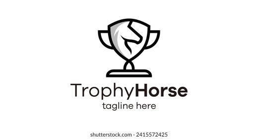 logo design combination of trophy shape with horse head, minimalist line logo design.