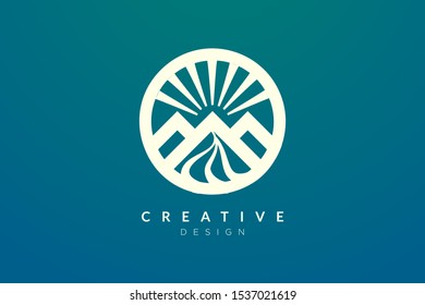 Logo design of combined circle, mountain and sun object. Minimalist and modern vector design for your business brand or product