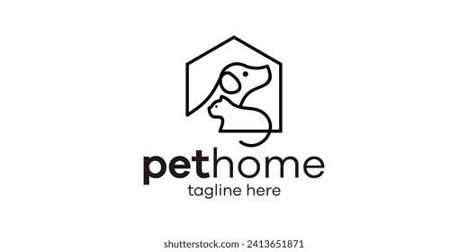 The logo design combines the shape of a house with a pet, minimalist line logo design.