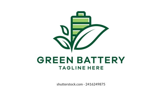 logo design combining battery shape with leaves, environmentally friendly energy logo design.