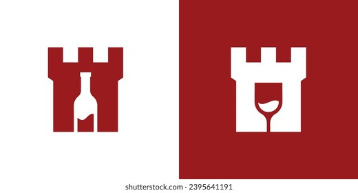 logo design combining a castle shape with a glass or wine bottle.negative space logo.